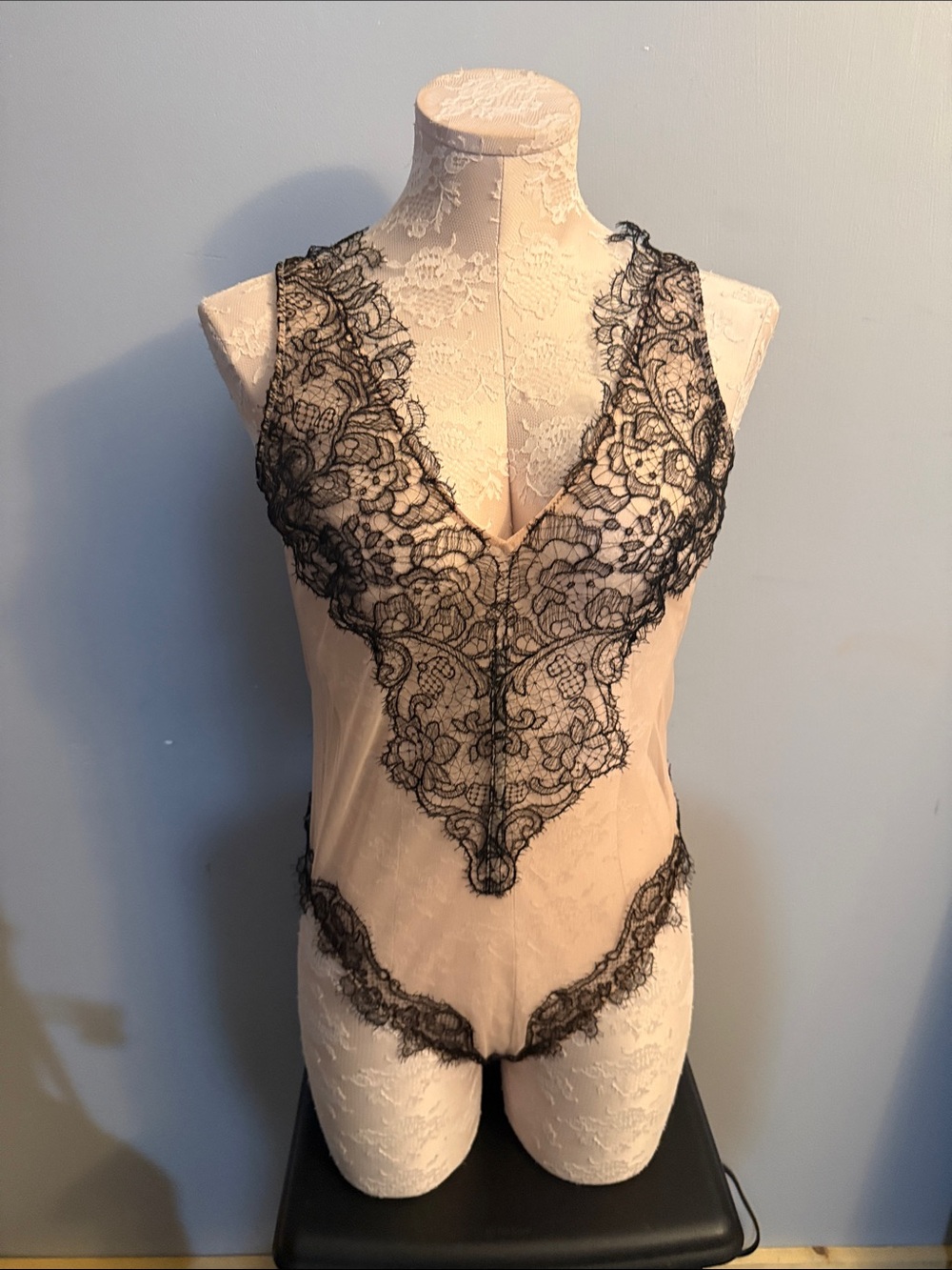 Victoria's Secret Black Lace Trim Bodysuit on Nude LG